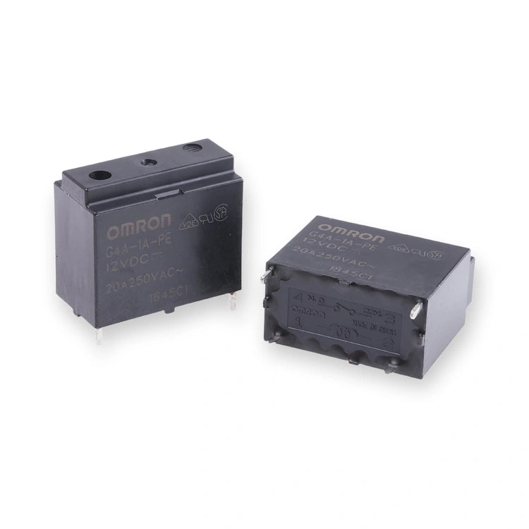 Omron Relay 12V DC Coil 20A SPST PCB Mount G4A-1A-PE DC12 (G4A-1A-PE-DC12), two black relay blocks showing top labels and pin terminals, on white background.