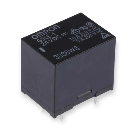 Omron G5LE-1 24DC Relay SPDT 24V DC 10A PCB Mount (G5LE-1-24DC), top and side view of black rectangular relay with metal pins, on white background.