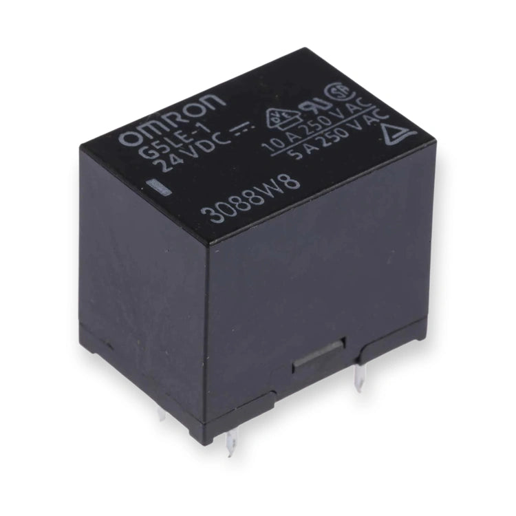 Omron G5LE-1 24DC Relay SPDT 24V DC 10A PCB Mount (G5LE-1-24DC), top and side view of black rectangular relay with metal pins, on white background.