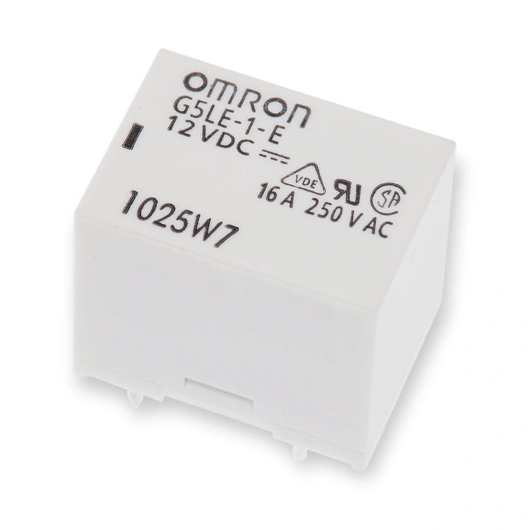 Omron Relay 12V DC SPDT 16A PCB Mount G5LE-1-E DC12 (G5LE-1-E-DC12), top view of white rectangular housing with printed text and certification marks, on white background.