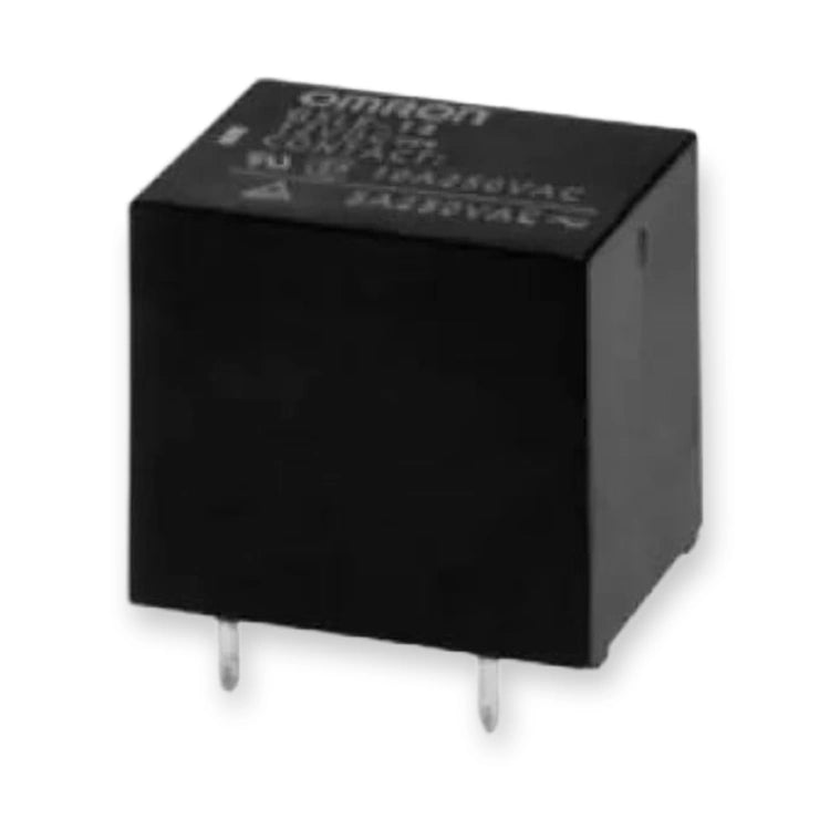 Omron G5LE-14-DC12 Relay 12V DC 10A SPDT PCB Mount, black rectangular relay viewed from above with white printed label and pins, on white background.