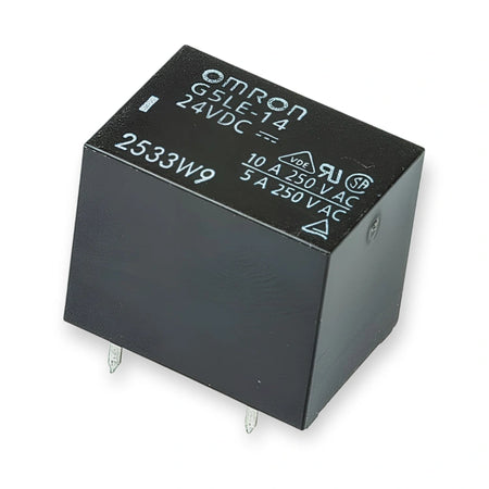 Omron Relay 24V DC 10A SPST-NO PCB Mount G5LE-14-DC24, top view of black rectangular housing with white printed markings and pins, on white background.