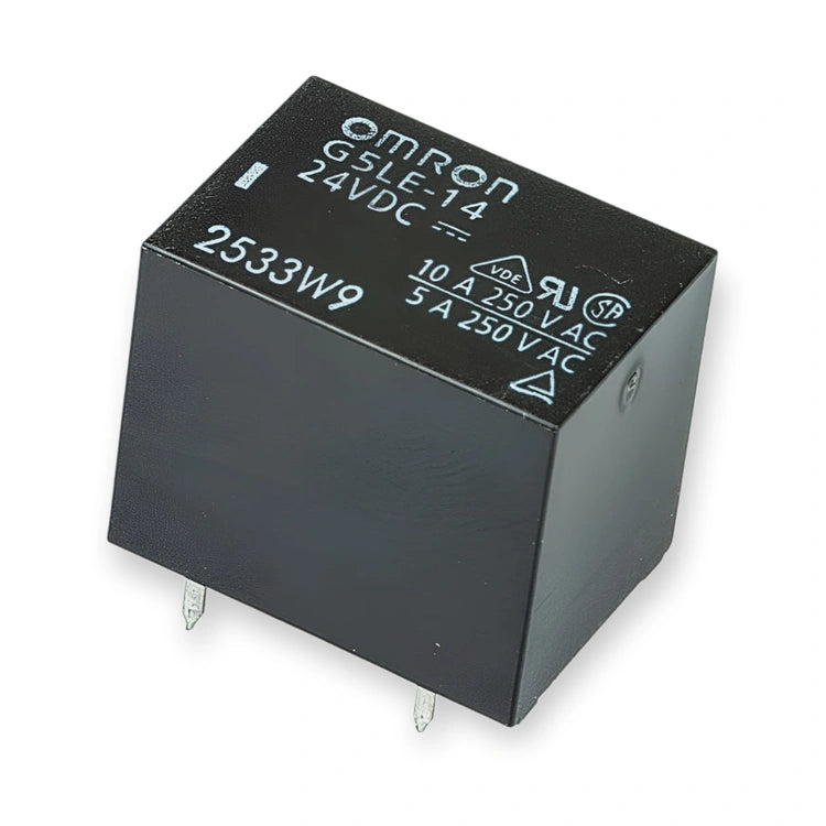 Omron Relay 24V DC 10A SPST-NO PCB Mount G5LE-14-DC24, top view of black rectangular housing with white printed markings and pins, on white background.