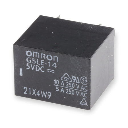 Omron Relay 5V DC 10A SPST-NO PCB Mount G5LE-14 5VCD (G5LE-14-DC5), black cube viewed from above with white printed label and pins, on white background.