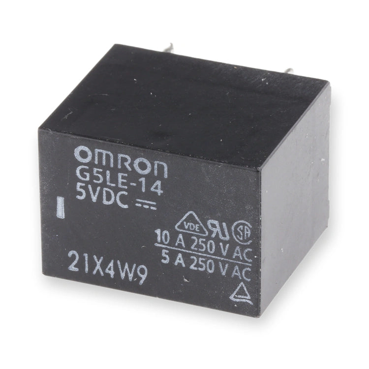 Omron Relay 5V DC 10A SPST-NO PCB Mount G5LE-14 5VCD (G5LE-14-DC5), black cube viewed from above with white printed label and pins, on white background.