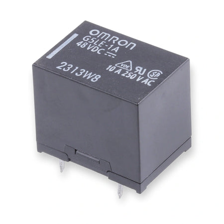 Omron Relay 48V DC SPST 10A PCB Mount G5LE-1A_DC48, top view of black relay with white printed markings and metal pins, on white background.