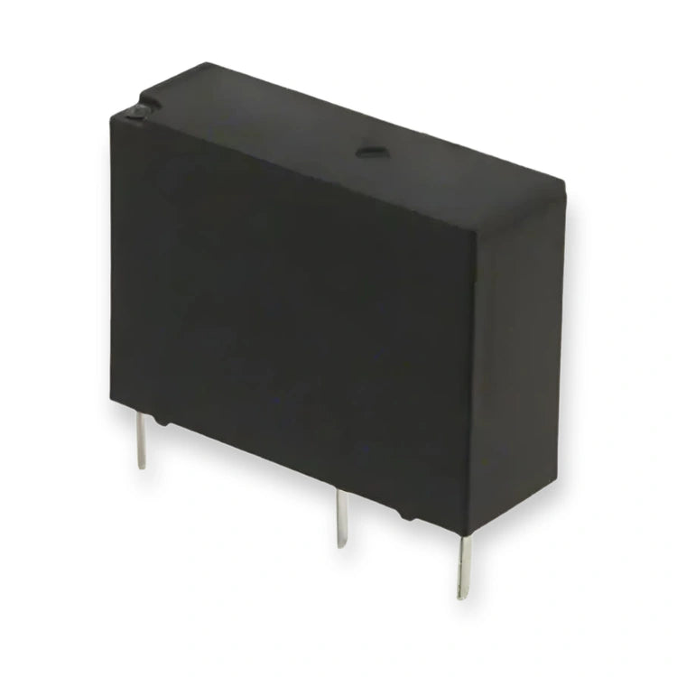 Omron Relay 24V DC SPST PCB Mount 3A G5NB-1A DC24 (G5NB-1A-DC24), black rectangular housing viewed from above with three metal pins, on white background.