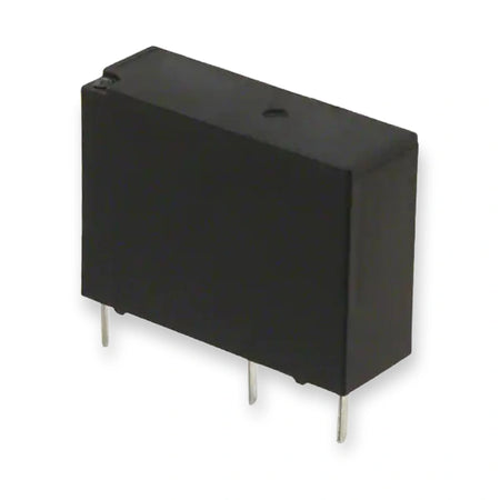 Omron Relay 12V DC SPST 5A PCB Mount G5NB-1A-E DC12 (G5NB-1A-E-DC12), black rectangular housing viewed from above with three metal pins, on white background.