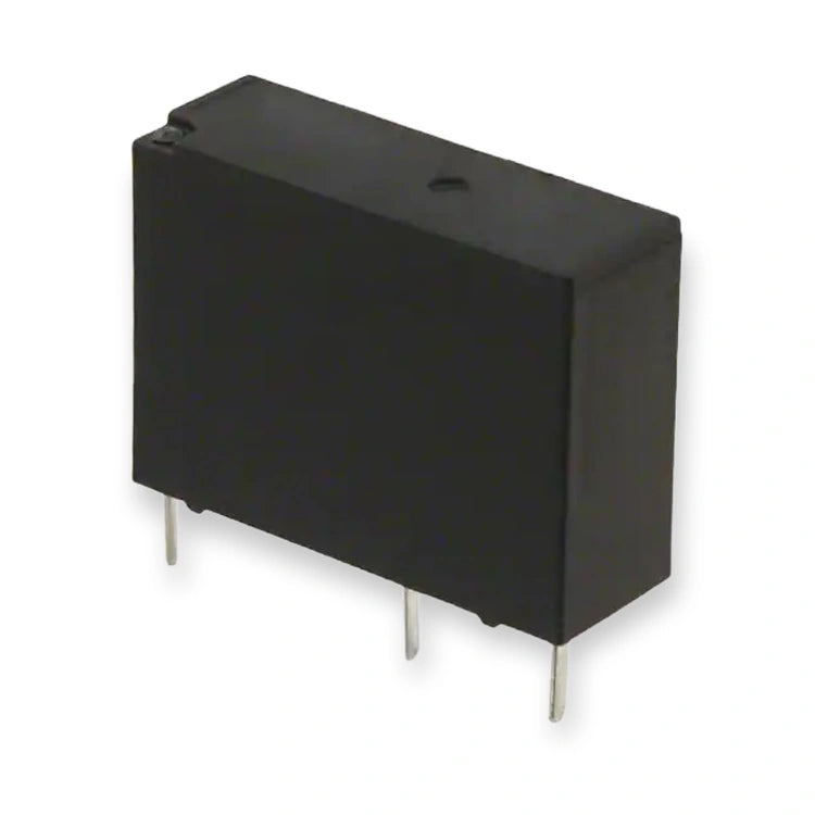 Omron Relay 12V DC SPST 5A PCB Mount G5NB-1A-E DC12 (G5NB-1A-E-DC12), black rectangular housing viewed from above with three metal pins, on white background.