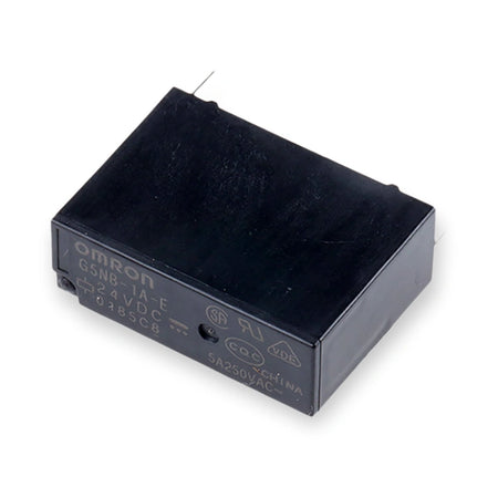 Omron Relay 24V DC SPST PCB Mount 5A G5NB-1A-E DC24 (G5NB-1A-E-DC24), black rectangular relay viewed from above with printed label side and pins, on white background.