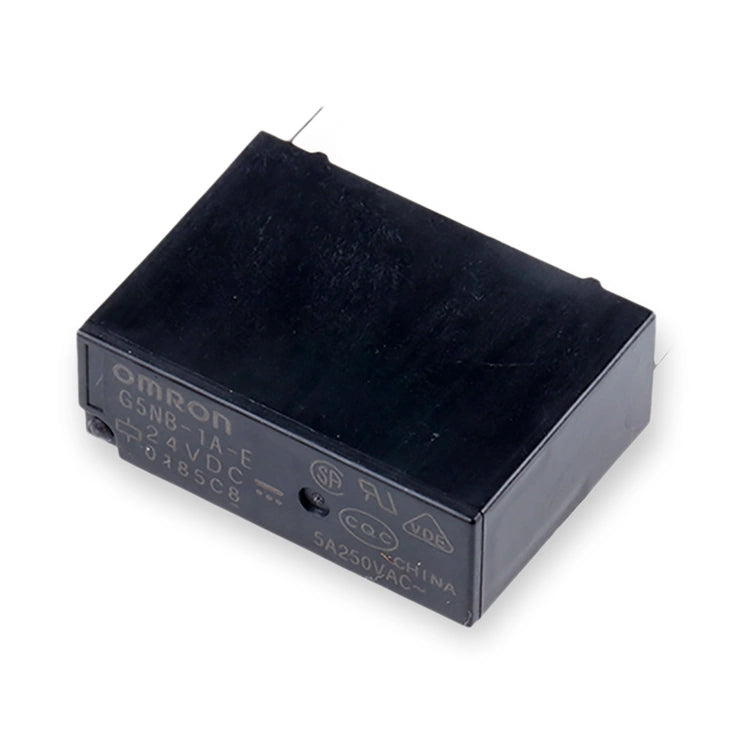 Omron Relay 24V DC SPST PCB Mount 5A G5NB-1A-E DC24 (G5NB-1A-E-DC24), black rectangular relay viewed from above with printed label side and pins, on white background.
