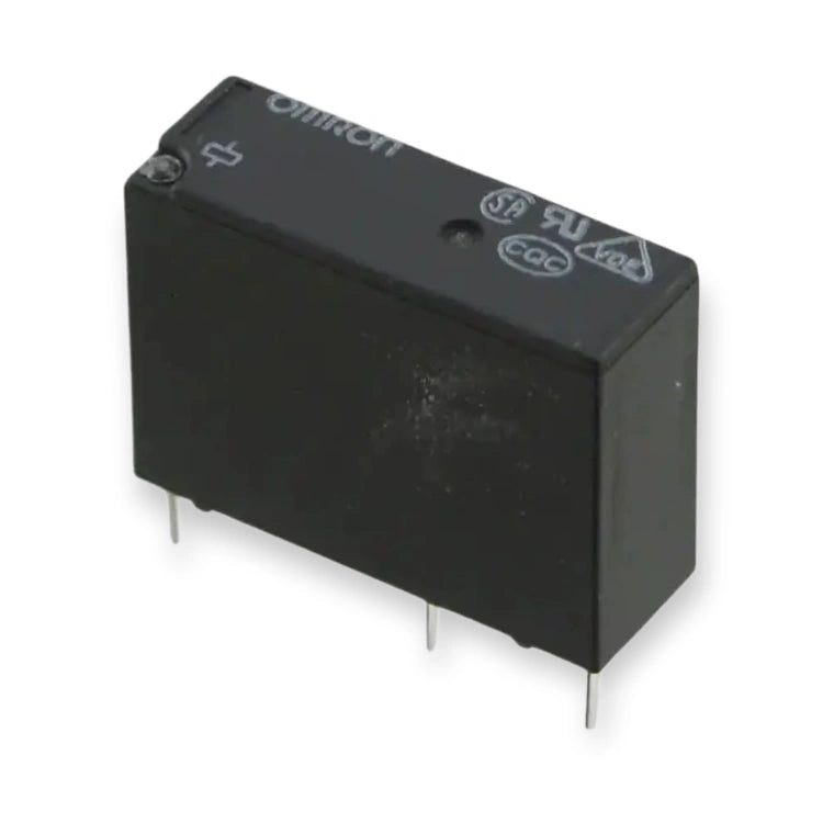 Omron Relay SPST 5V DC 5A PCB Mount G5NB-1A-E DC5 (G5NB-1A-E-DC5), top view of black rectangular housing with printed logos and metal pins, on white background.