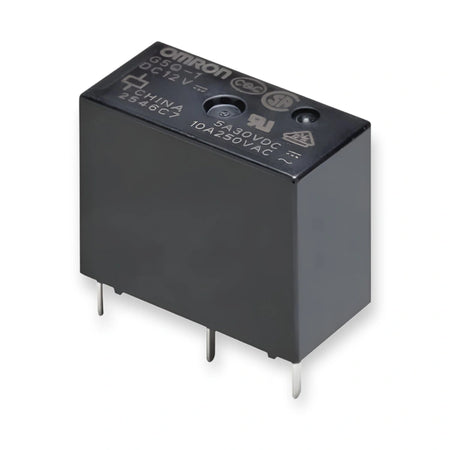 Omron Relay SPDT 24V DC 10A PCB Mount G5Q-1 DC24 (G5Q-1-DC24), top and side view of black rectangular relay with metal pins, on white background.