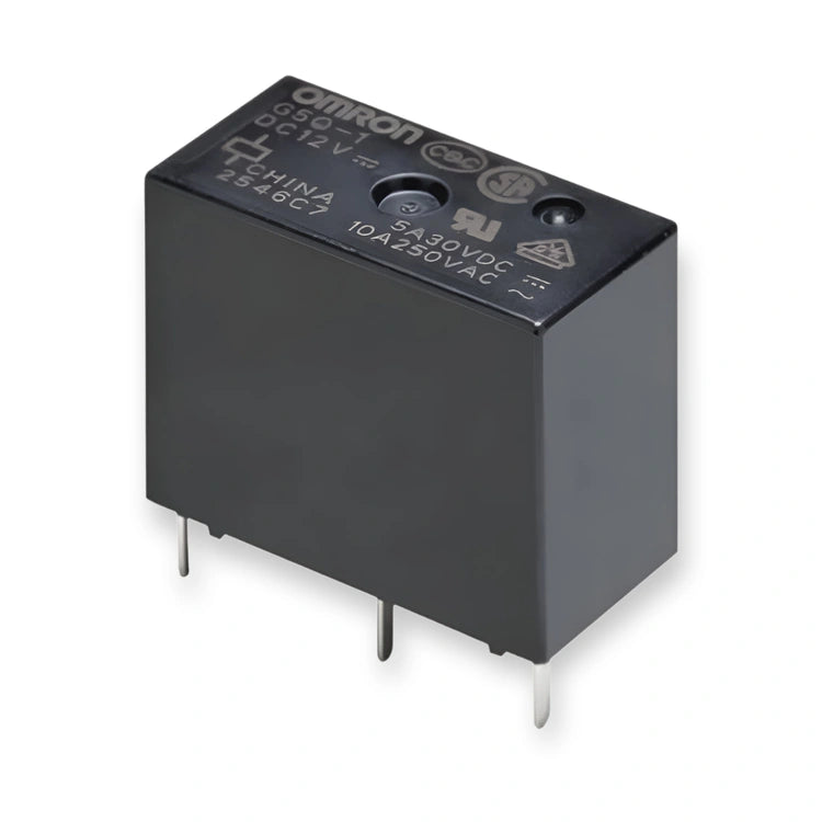 Omron Relay SPDT 24V DC 10A PCB Mount G5Q-1 DC24 (G5Q-1-DC24), top and side view of black rectangular relay with metal pins, on white background.
