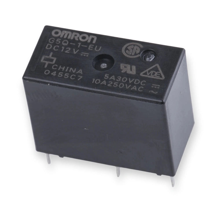 Omron Relay 12V DC SPDT 10A PCB Mount G5Q-1-EU DC12 (G5Q-1-EU-DC12), top view of black relay with printed markings and two indicator holes, on white background.