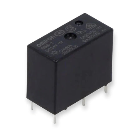 Omron G5Q-14-DC24 Miniature Power Relay 24VDC 10A SPDT, top view of black relay with printed markings and metal pins, on white background.