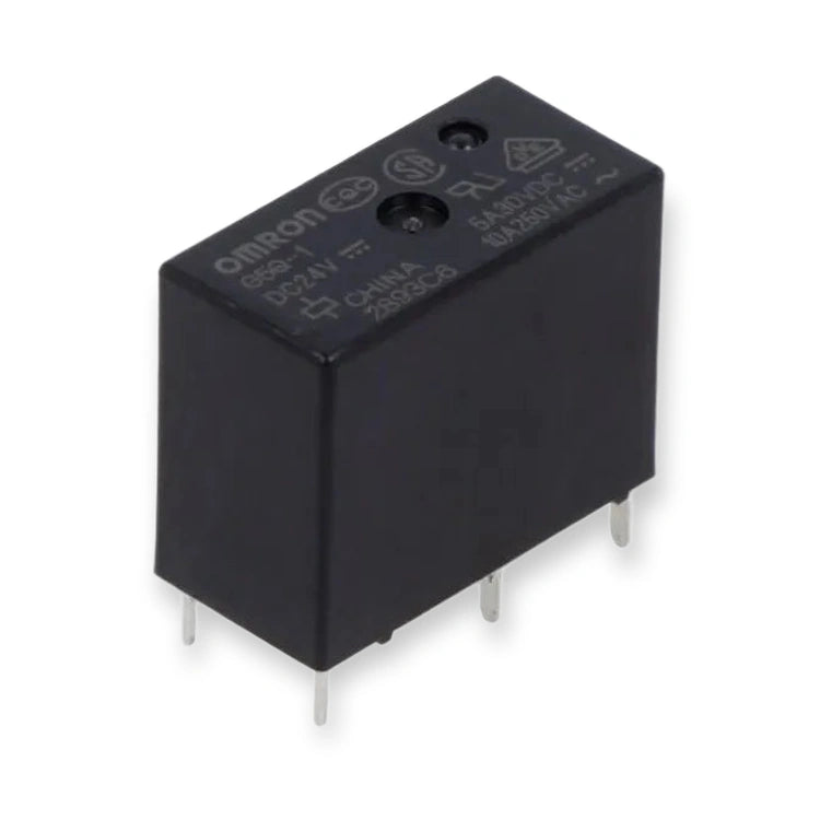 Omron G5Q-14-DC24 Miniature Power Relay 24VDC 10A SPDT, top view of black relay with printed markings and metal pins, on white background.