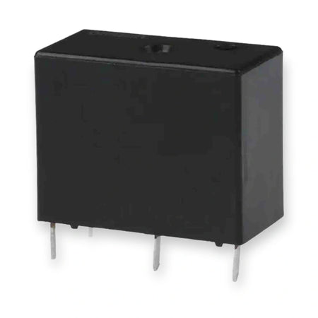 Omron Relay 5V DC SPDT 10A PCB Mount G5Q-14 DC5 (G5Q-14-DC5), black rectangular housing with metal pins, viewed from an angle, on white background.
