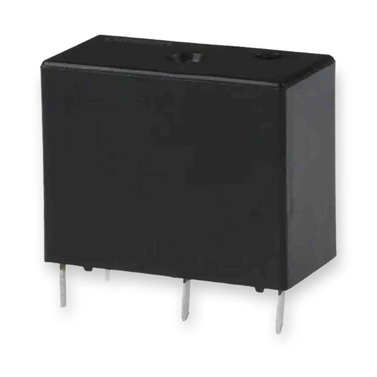 Omron Relay 5V DC SPDT 10A PCB Mount G5Q-14 DC5 (G5Q-14-DC5), black rectangular housing with metal pins, viewed from an angle, on white background.
