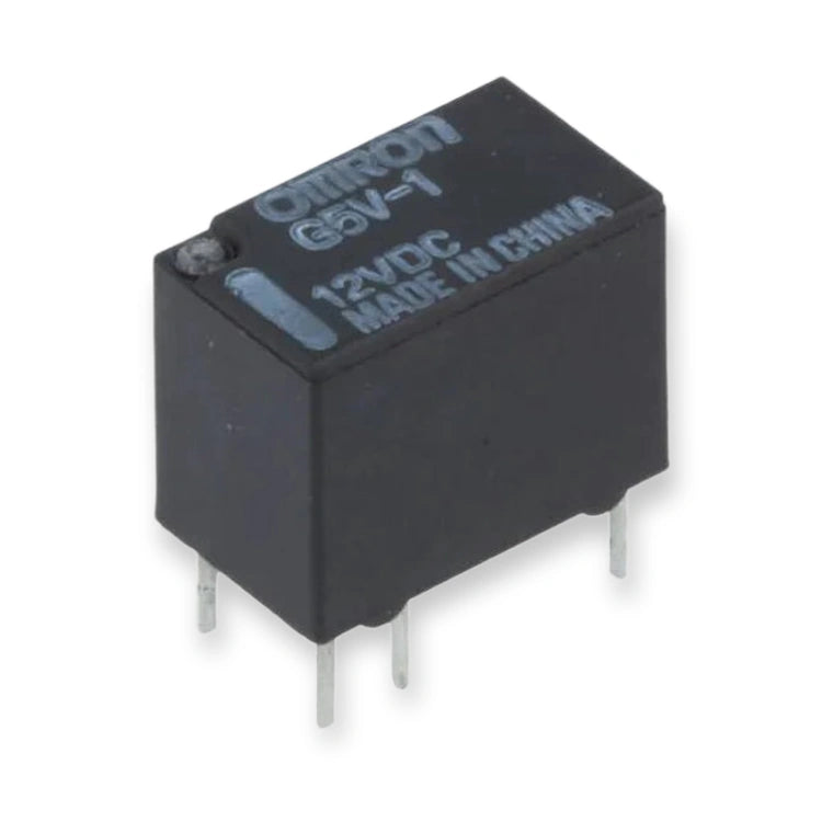 Omron Relay G5V-1-DC12 SPDT 1A, top-down angled view of black relay with white text and metal pins, on white background.