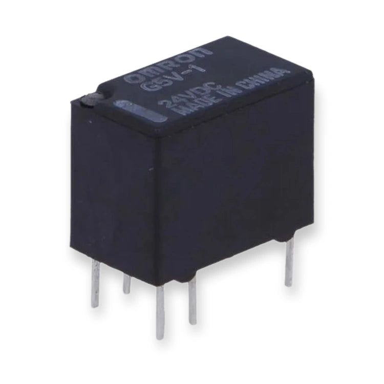 Omron Relay G5V-1-DC24 SPDT 24V DC 1A, black rectangular relay viewed from above with metal pins below, on white background.
