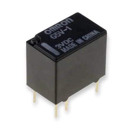 Omron G5V-1-DC3 Relay Miniature 3VDC 1A SPDT, black relay viewed from above with gold pins and top label, on white background.