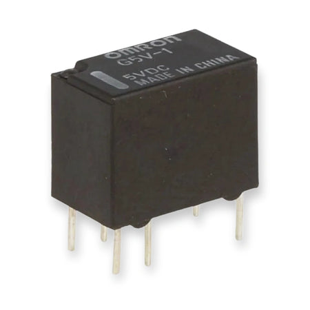 Omron Relay G5V-1-DC5 1A SPDT Miniature PCB, top view of black rectangular relay with printed label and metal pins, on white background.
