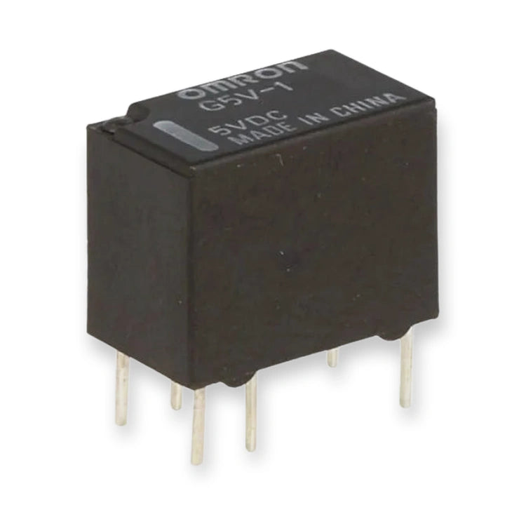 Omron Relay G5V-1-DC5 1A SPDT Miniature PCB, top view of black rectangular relay with printed label and metal pins, on white background.