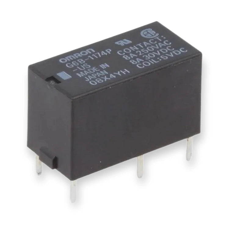 Omron G6B-1174P-US-5VDC Relay SPST-NO 8A PCB Miniature, on white background.