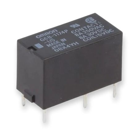 Omron G6B-1174P-US-5VDC Relay SPST-NO 8A PCB Miniature, on white background.