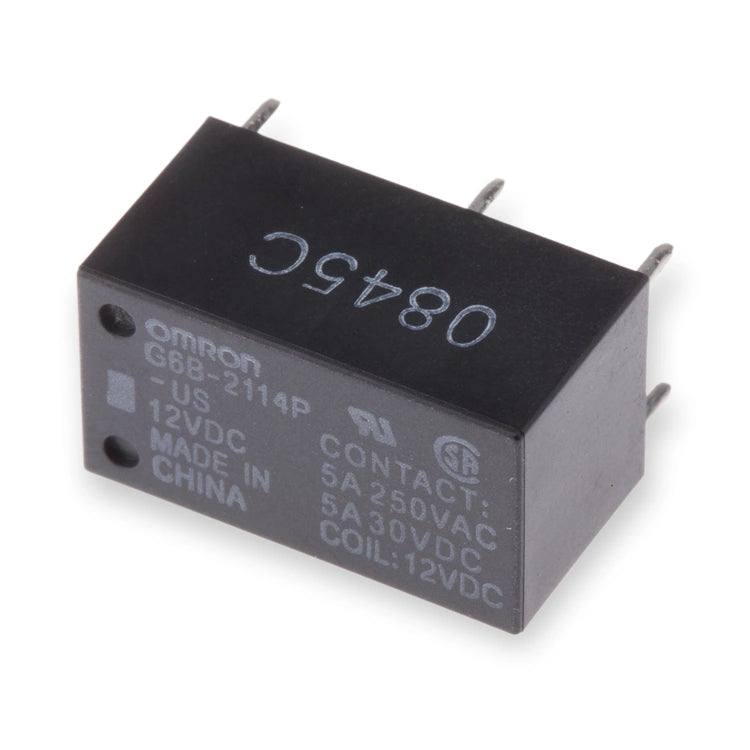 Omron Relay 12V DC 5A SPST-NC/SPST-NO PCB Mount G6B-2114P-US DC12 (G6B-2114P-US-DC12), black rectangular relay viewed from above with metal pins and white text, on white background.