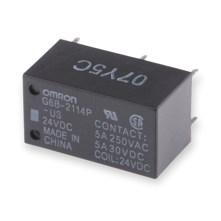 Omron Relay 24V DC SPST-NC/SPST-NO 5A G6B-2114P-US DC24 (G6B-2114P-US-DC24), black rectangular relay viewed from above with metal pins and white text, on white background.