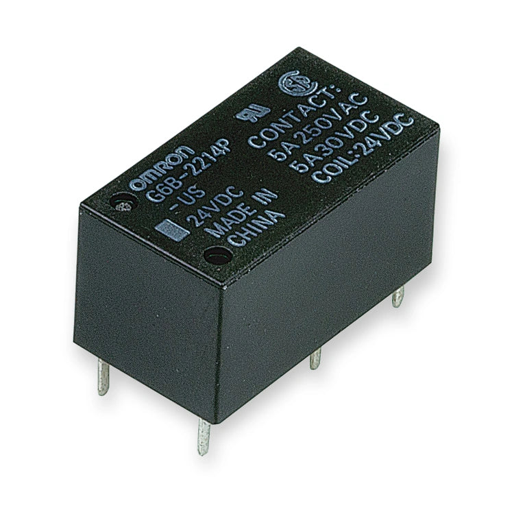 Omron Relay 24V DC DPST 5A PCB Mount G6B-2214P-US DC24 (G6B-2214P-US-DC24), black rectangular relay viewed from above with white printed text and pins, on white background.