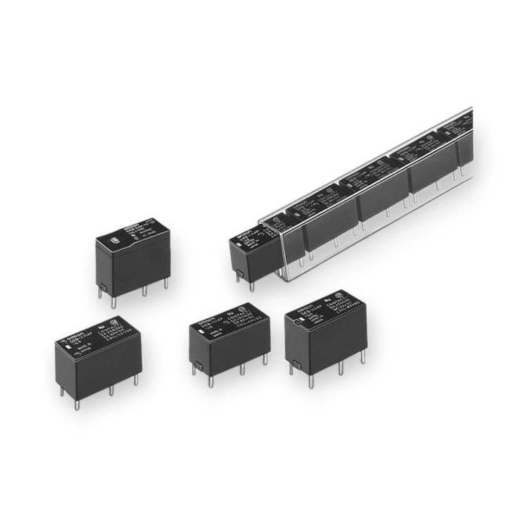 Omron Relay 5V DC Coil 5A DPST PCB Mount G6B-2214P-US DC5 (G6B-2214P-US-DC5), black relay modules with pins, shown from an angled top view, on white background.