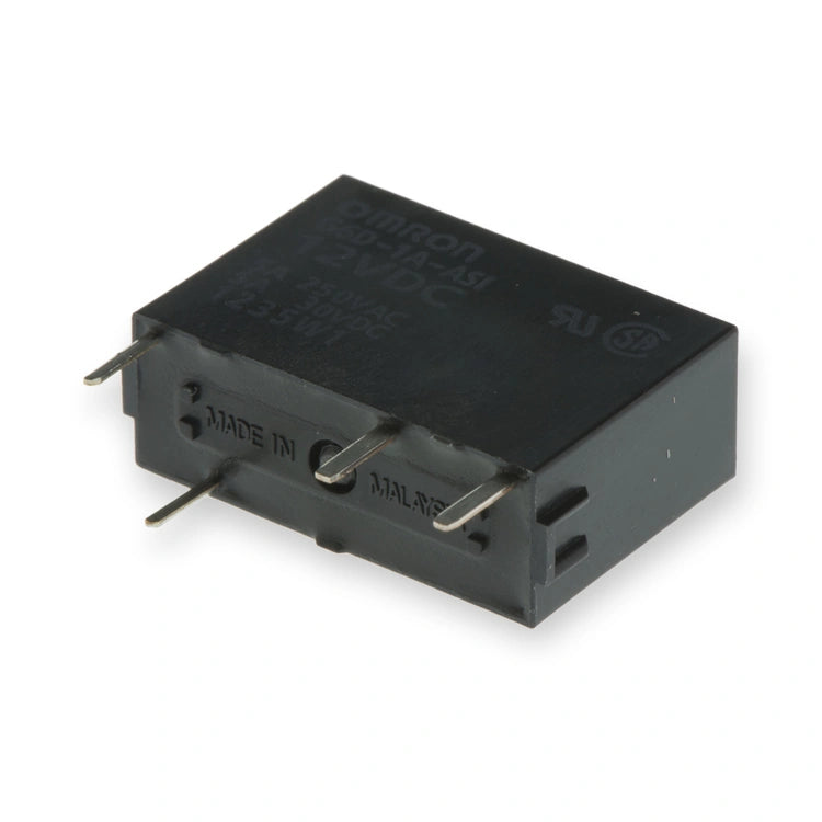 Omron Relay SPST 12V DC 5A PCB Mount G6D-1A-ASI DC12 (G6D-1A-ASI-DC12), black rectangular relay viewed from above with metal pins protruding from sides, on white background.