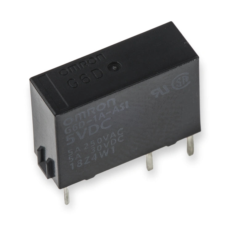 Omron Relay 5V DC SPST PCB Mount 5A G6D-1A-ASI DC5 (G6D-1A-ASI-DC5), black rectangular relay viewed from above with metal pins and embossed text, on white background.