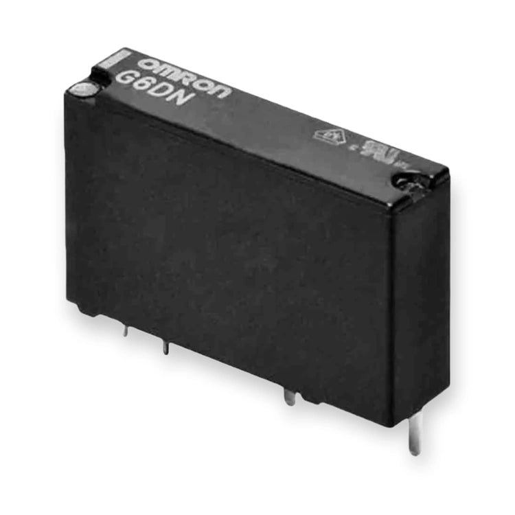 Omron Relay SPST 5V DC 5A G6DN-1A-L DC5 (G6DN-1A-L-DC5), top view showing printed label and metal pins extending from base, on white background.