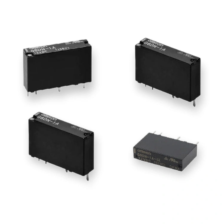 Omron Relay 12V DC SPST PCB Mount G6DN-1A-SL DC12 (G6DN-1A-SL-DC12), four black rectangular relays with pins, shown from angled top views, on white background.