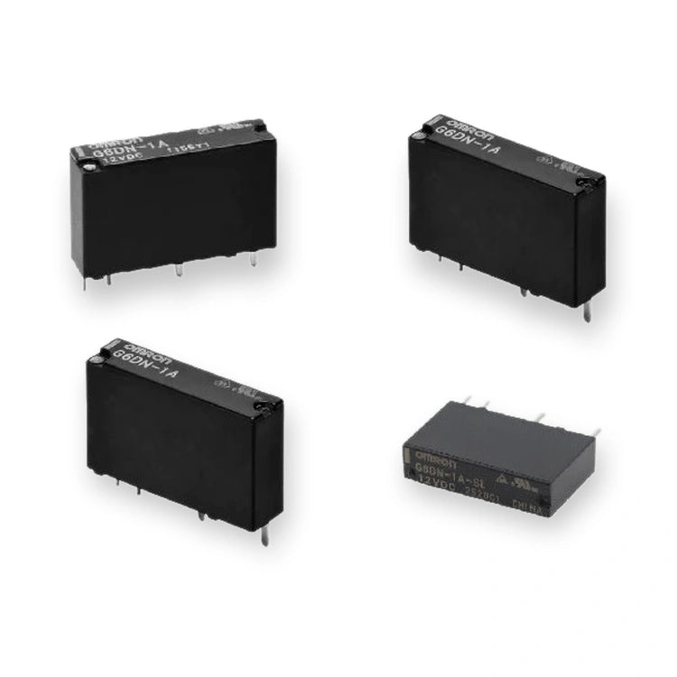 Omron Relay 5V DC SPST PCB Mount 5A G6DN-1A-SL DC5 (G6DN-1A-SL-DC5), four black rectangular relays with pins, shown from angled top views, on white background.