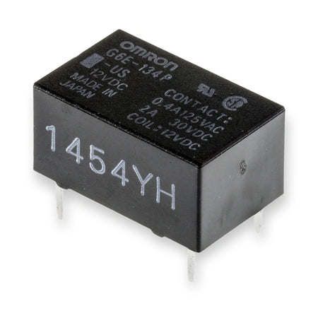 Omron Relay 12V DC SPDT 3A PCB Mount G6E-134P-US DC12 (G6E-134P-US-DC12), black rectangular relay viewed from above with white printed markings and pins, on white background.