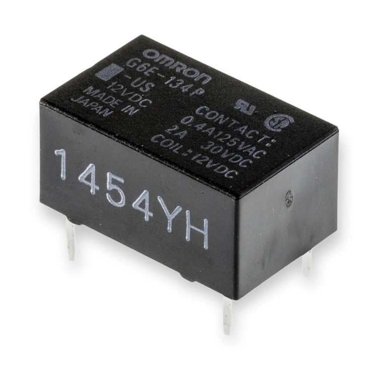 Omron Relay 12V DC SPDT 3A PCB Mount G6E-134P-US DC12 (G6E-134P-US-DC12), black rectangular relay viewed from above with white printed markings and pins, on white background.