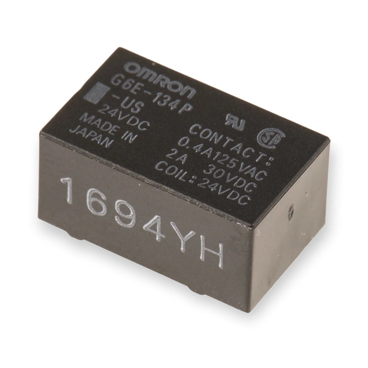 Omron Relay 24V DC SPDT 3A PCB Mount Gold Plated G6E-134P-US DC24 (G6E-134P-US-DC24), black rectangular relay viewed from above, showing top label and side marking, on white background.