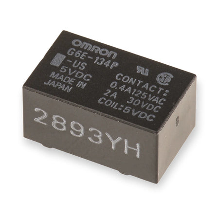 Omron Relay 5V DC SPDT PCB Mount G6E-134P-US DC5 (G6E-134P-US-DC5), top and side view showing printed specifications and large alphanumeric code, on white background.