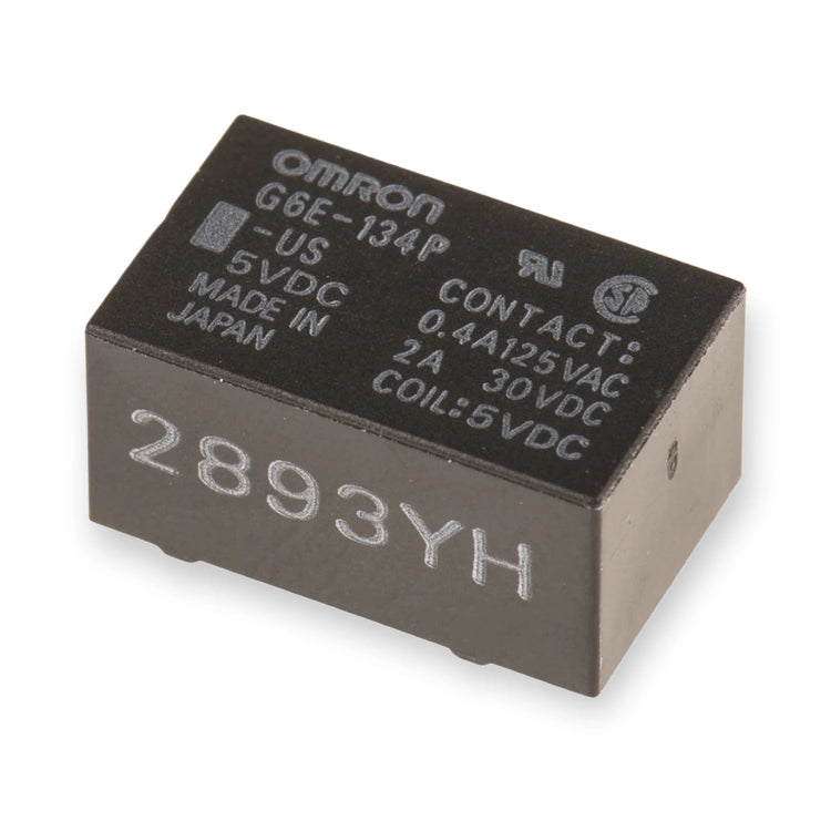 Omron Relay 5V DC SPDT PCB Mount G6E-134P-US DC5 (G6E-134P-US-DC5), top and side view showing printed specifications and large alphanumeric code, on white background.