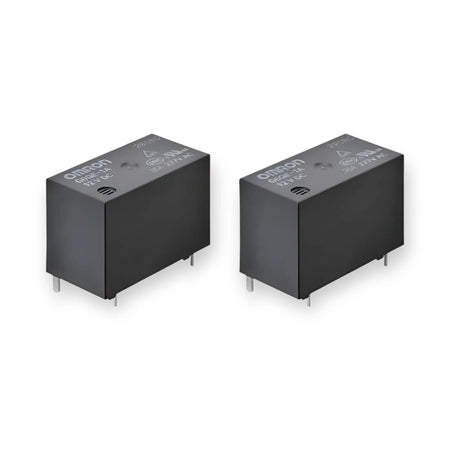 Omron Relay 12V DC SPST PCB Mount G6QE-1A DC12 (G6QE-1A-DC12), top view of two black rectangular relays with metal pins, on white background.