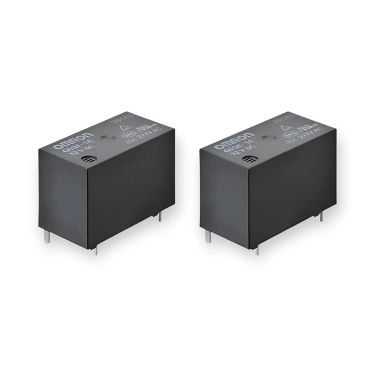Omron Relay 12V DC SPST PCB Mount G6QE-1A DC12 (G6QE-1A-DC12), top view of two black rectangular relays with metal pins, on white background.