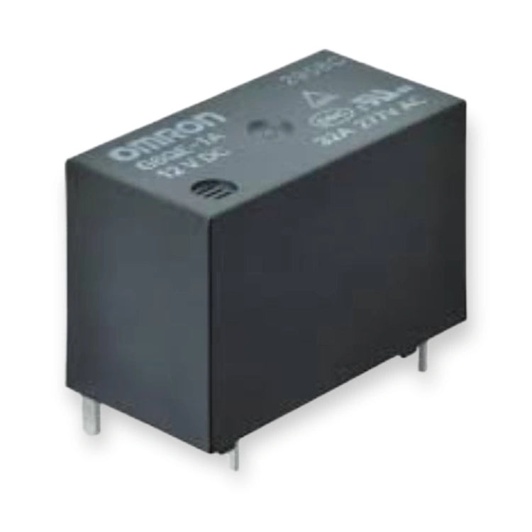 Omron Relay 24V DC SPST 36A PCB Mount G6QE-1A DC24 (G6QE-1A-DC24), top view of black rectangular relay with printed markings and metal pins, on white background.