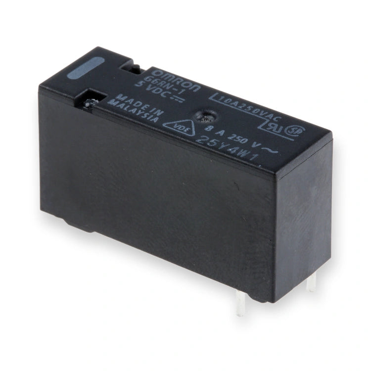 Omron Relay 5V DC SPDT 5A PCB Mount G6RN-1 5DC (G6RN-1-5DC), top view of black relay with printed text and metal pins, on white background.