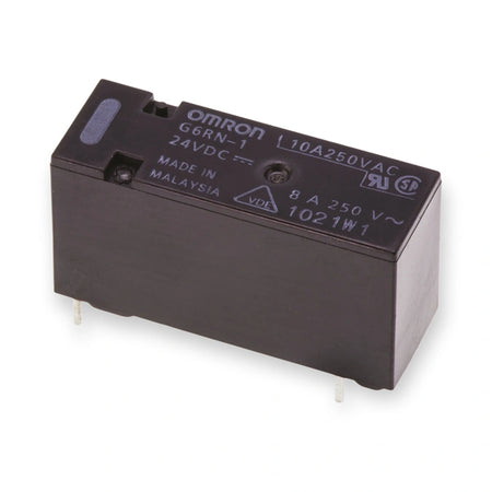 Omron Relay SPDT 8A 24V DC PCB Mount G6RN-1 DC24 (G6RN-1-DC24), top view of black relay with white printed markings and pins, on white background.