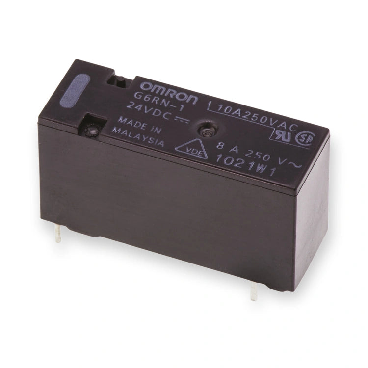 Omron Relay SPDT 8A 24V DC PCB Mount G6RN-1 DC24 (G6RN-1-DC24), top view of black relay with white printed markings and pins, on white background.